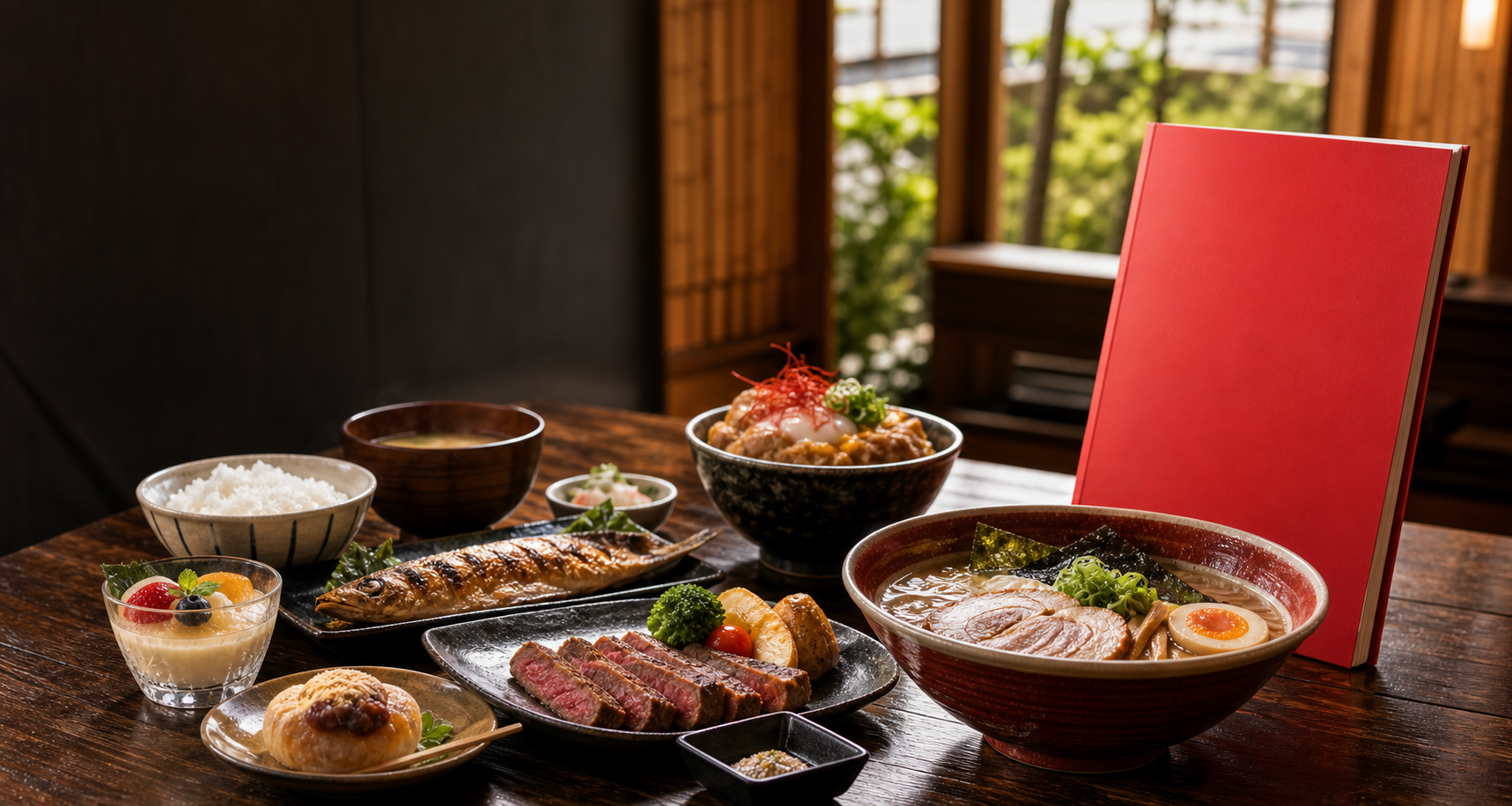 ラーメン、焼き魚、肉料理、丼、スイーツが並ぶ食卓と赤い冊子のイメージ